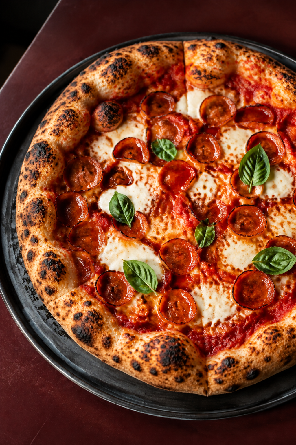 Pizza med pepperoni, mozzarella, basilikum og luftig skorpe